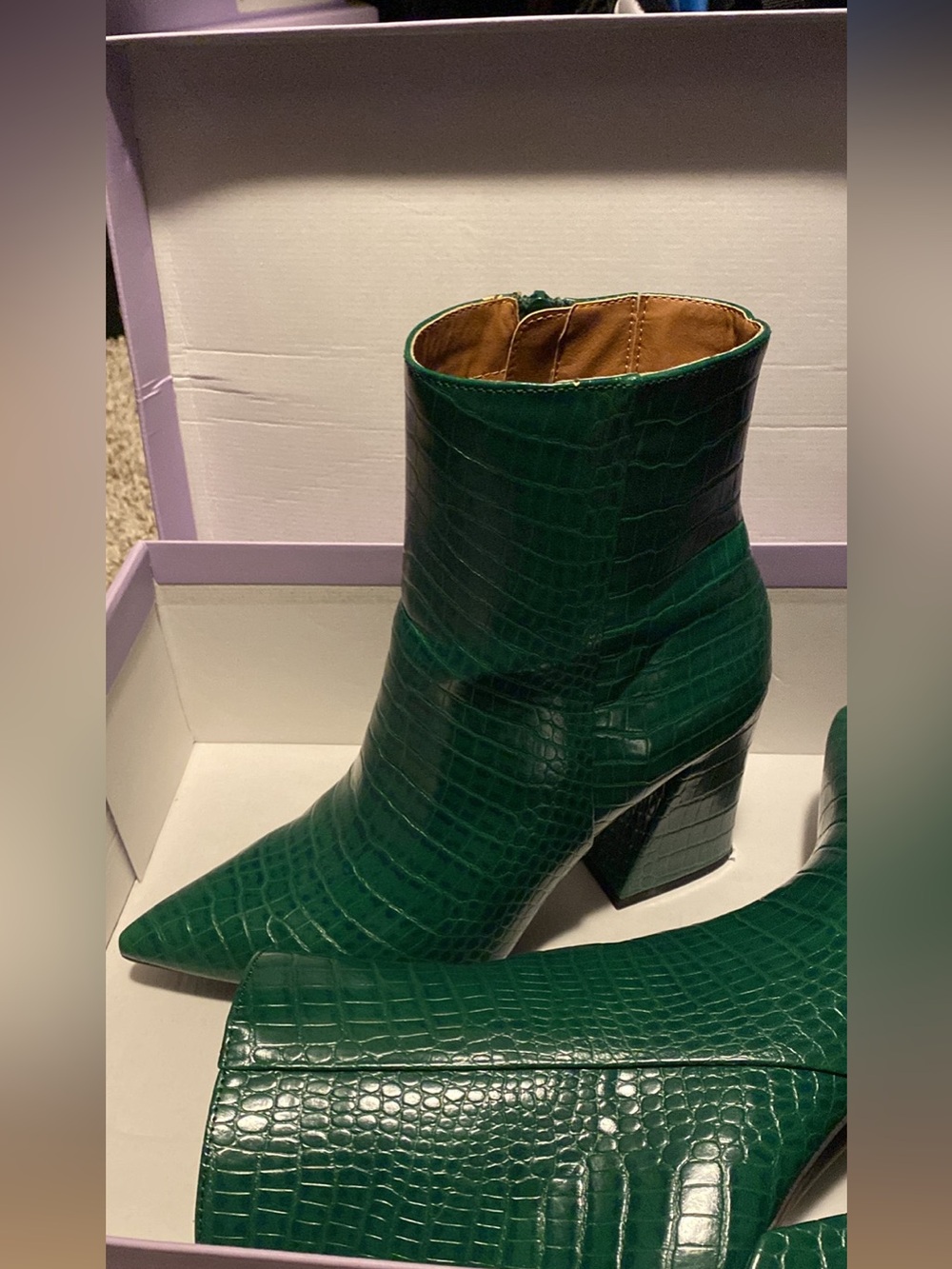 Madden Girl Green Croc-Embossed Pointed Block Heel Ankle Boots